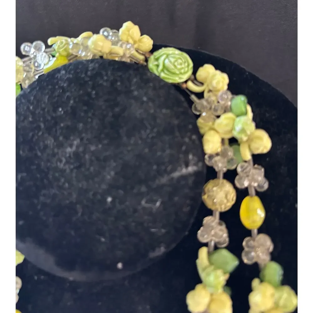Vintage Multi Strand Floral Fruit Salad Necklace Green Yellow MCM Retro 20
